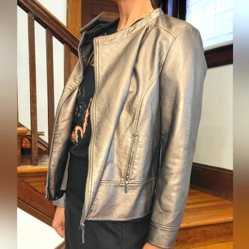 Alfani Faux Leather Metallic Silvery Bronzy Women's Biker Styel Zip Jacket-Large